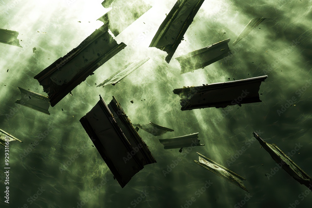 Poster mysterious underwater scene featuring floating debris illuminated by soft, green light, creating an 