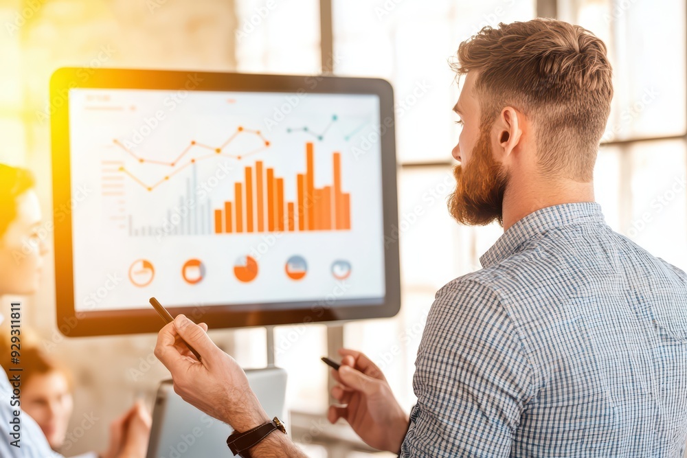 Poster professional man analyzing data on a digital screen, showcasing statistical charts and graphs for bu