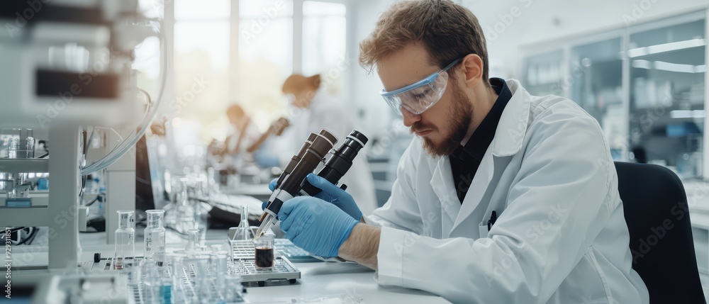 Poster scientist works diligently in a modern laboratory, analyzing samples under a microscope with precisi