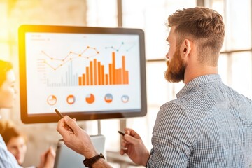 Professional man analyzing data on a digital screen, showcasing statistical charts and graphs for business insights.