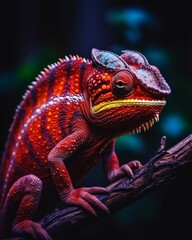 Obraz premium Vivid, Colorful Panther Chameleon Perched Upon a Wooden Branch Against a Dark Background