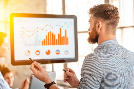 Professional man analyzing data on a digital screen, showcasing statistical charts and graphs for business insights.