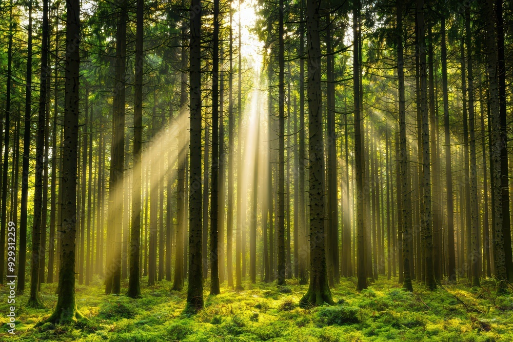 Poster sunlight filters through tall trees in a serene forest, creating a tranquil atmosphere filled with l