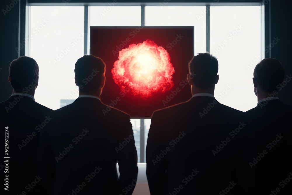 Aufkleber three business professionals in suits observing a captivating visualization of an explosion on a mod