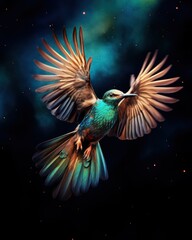 A vivid blue and green bird soaring through a cosmic backdrop, showcasing its brilliant wings in flight.