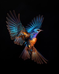 Obraz premium A stunning bird with iridescent feathers soaring gracefully against a dark backdrop.