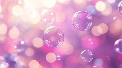 Colorful soap bubbles floating against a dreamy pink and purple background.