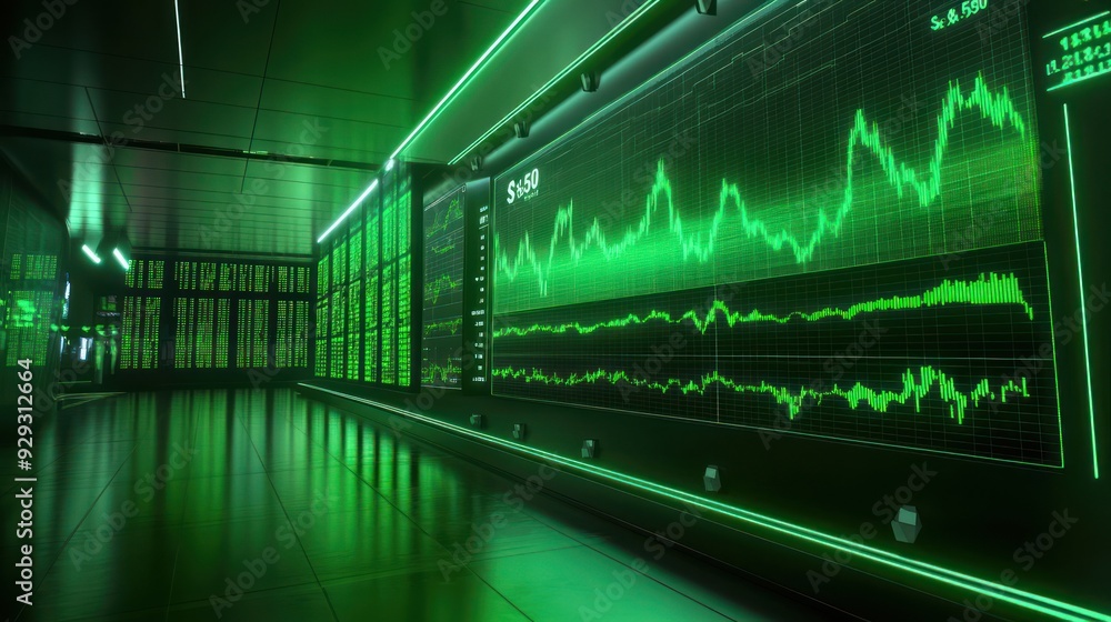Poster futuristic data center with glowing green graphs and digital displays.
