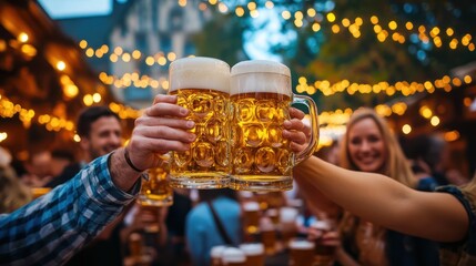 A diverse group celebrating with large beer mugs, illuminated by festive lights in a lively outdoor setting.