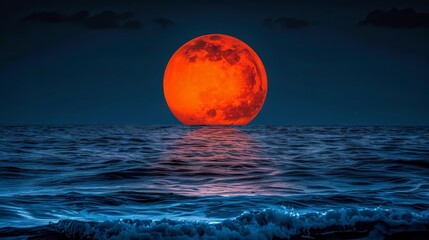 Red Moon Rising. Total Lunar Eclipse over the Oceans, Blood moon reflection on sea waters.
