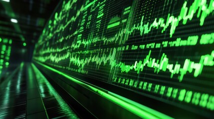 Fototapeta premium Close-up of a futuristic digital interface displaying green data metrics and graphs on a sleek screen.