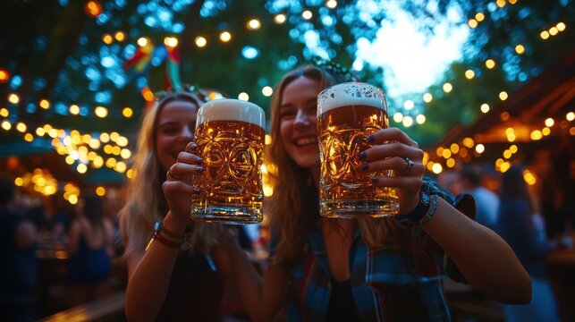 Two smiling women raise large beer mugs, celebrating under festive lights at an outdoor gathering.