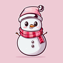 Cute cartoon snowman with a scarf and hat, Clip art sticker style on Christmas Concept.