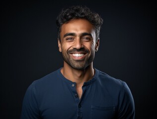 Fototapeta premium Headshot of a Smiling Man with Confident Expression in Dark Studio Setting 