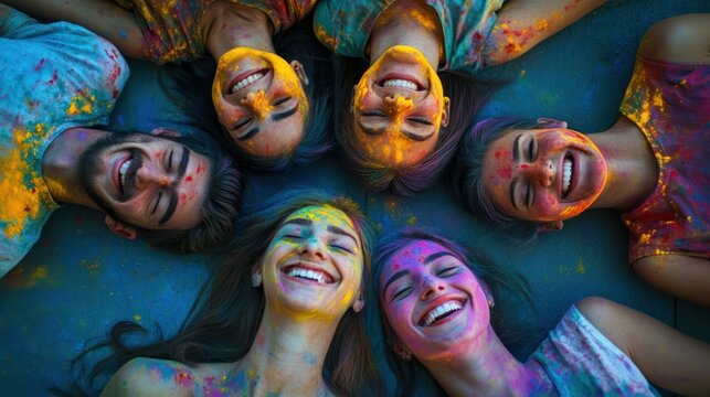 A joyful group of diverse young adults surrounded by vibrant colors, celebrating life and friendship with bright smiles and playful spirit. - Powered by Adobe