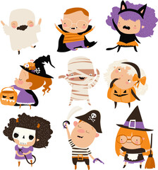 Cartoon happy children in Halloween costumes. Vector illustration