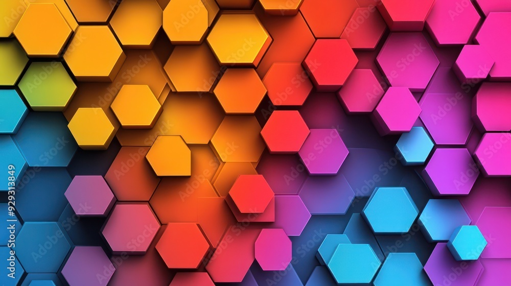 Poster vibrant hexagonal patterns in a colorful gradient of orange, blue, and pink tones create a dynamic v