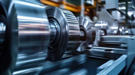 Fototapeta premium Close-up of spinning metallic gears in a dynamic industrial setting, showcasing precision engineering and motion.