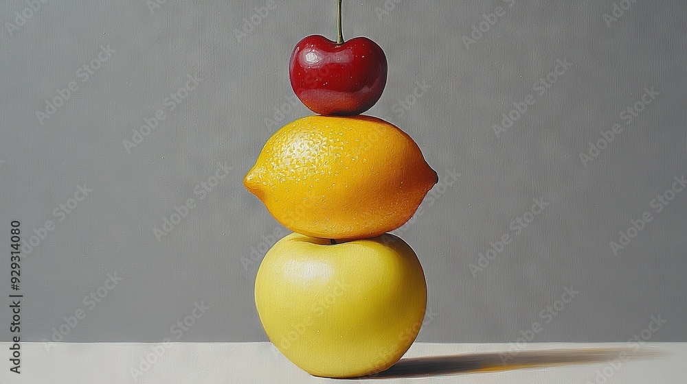 Poster an image of apples and oranges stacked on top of each other, with a cherry on top of the orange