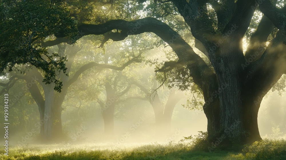 Poster a serene forest scene with mist and sunlight filtering through large trees.