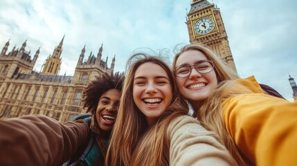 Fototapeta premium Three young women of diverse ethnicities enjoy a cheerful selfie in front of a historic clock tower.