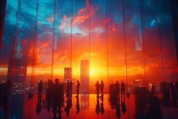 Silhouetted figures admire a vibrant sunset from a modern high-rise building in the city, capturing the beauty of the evening sky