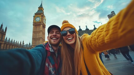 Happy couple taking a selfie in front of Big Ben in London, dressed warmly and enjoying their day out.