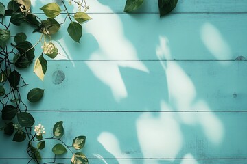 Green leaves casting shadows on a light blue wooden background, providing a natural and peaceful sight.