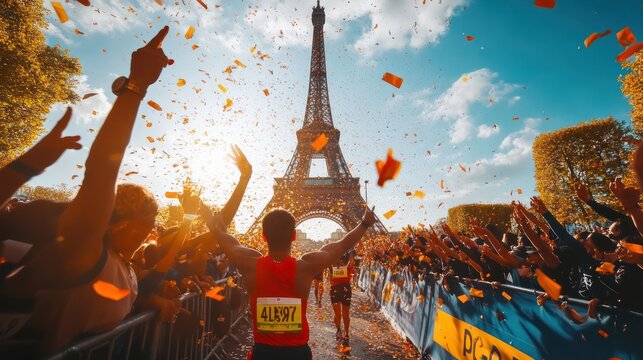 A male runner celebrating at the finish line of a marathon in front of the Eiffel Tower, surrounded by cheering spectators and confetti.