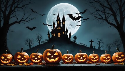 Fototapeta premium Halloween wallpaper, pumpkins illustration with a haunted castle in the background, jack o lantern with bats, spooky october