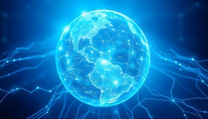 Blue digital hologram world map, connected with wire, centered on Asia. global network communication futuristic innovation technology concept.