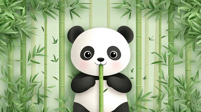   A pand bear holds a bamboo stalk in front of a bamboo wall adorned with leaves on either side