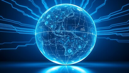 Blue hologram world map, connected with wire, centered on Asia. network communication futuristic technology concept.