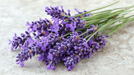   A white surface with green stems and a top layer of lavender and purple flowers