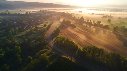 Obraz premium Aerial view of a winding road through a misty valley at sunrise.
