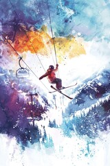 Winter Mountain Snowboarder. Fun and Extreme Skiing Vacation on Hand-drawn Watercolor Illustration