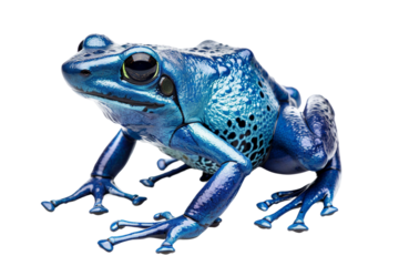 Exotic blue poison dart frog isolated on clear white background displaying its toxic beauty.