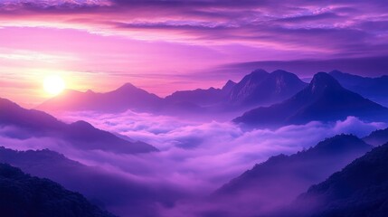Fototapeta premium The purple sky casts an enchanting glow over the mist-shrouded mountains, while wisps of clouds drift lazily across the horizon with generative ai