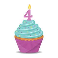 Birthday cupcake with number 4 candle.