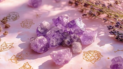 Amethyst crystals and lavender on pink background.