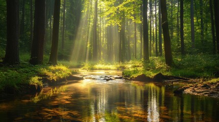 Obraz premium A serene forest scene with sunlight filtering through trees, reflecting on a tranquil stream.