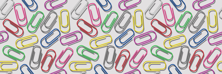 3d paper clips seamless pattern. Colorful bright clips seamless background. Colored paperclip background with shadows. Business or education background. Diversity and creativity concept.