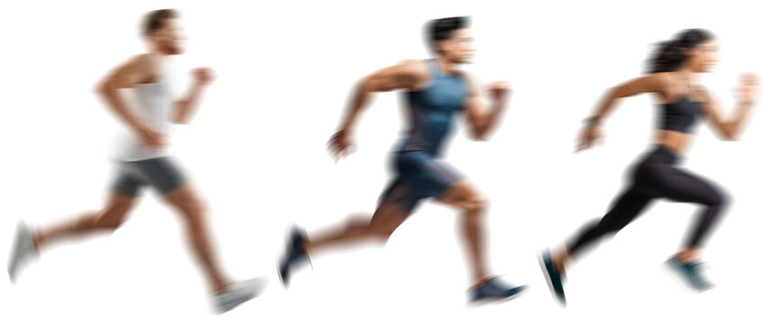 Motion blur running man woman silhouettes isolated on transparent background PNG for photo scenes
