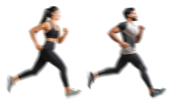 Motion blur running man woman silhouettes isolated on transparent background PNG for photo scenes