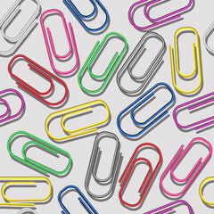 3d paper clips seamless pattern. Colorful bright clips seamless background. Colored paperclip background with shadows. Business or education background. Diversity and creativity concept.