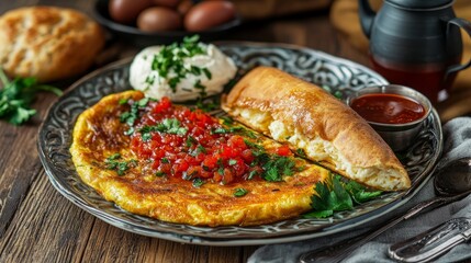 Sahanda sucuklu yumurta, or Turkish omelette with sucuk, tea, and bread, is a common breakfast dish in Turkey. Sucuklu Yumurta