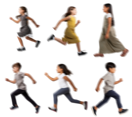 Motion blur running kids boy girl silhouettes isolated on transparent background PNG for photo scenes