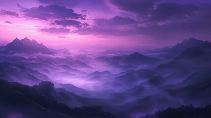 Fototapeta premium The purple sky casts an enchanting glow over the mist-shrouded mountains, while wisps of clouds drift lazily across the horizon with generative ai