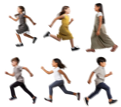 Motion blur running kids boy girl silhouettes isolated on transparent background PNG for photo scenes
