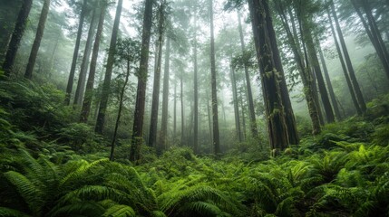 Obraz premium A serene forest scene with tall trees and lush ferns, enveloped in mist.